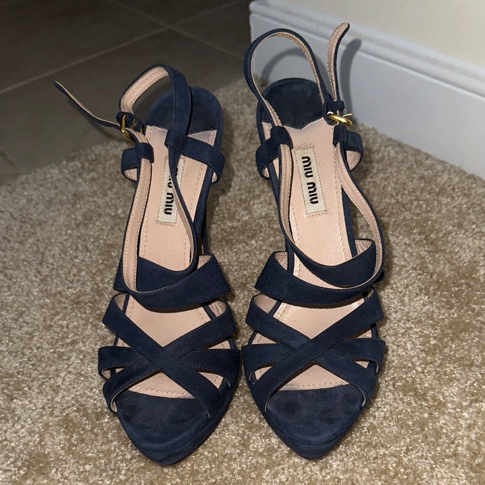 Miu Miu Navy Suede Strappy Heeled Sandals with Blush Insole